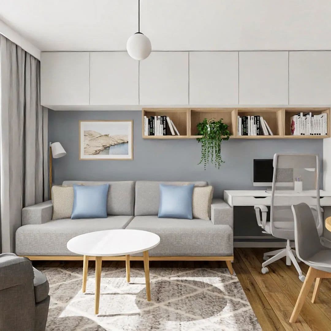 Mały, stylowy salon w bloku z wielofunkcyjnymi meblami, minimalistycznym designem i inteligentnymi rozwiązaniami do przechowywania