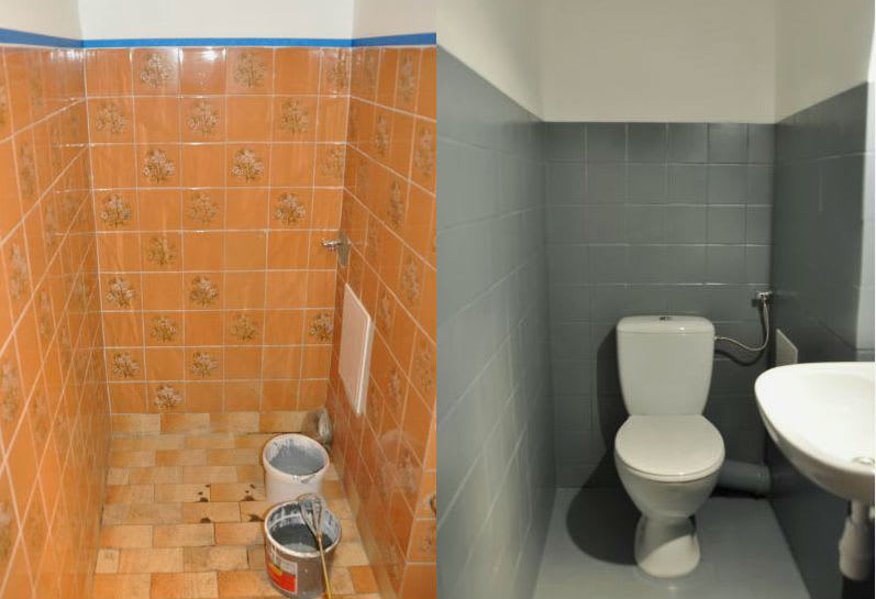 Łazienka przed i po, ukazująca przemianę, jaką osiągnięto poprzez pomalowanie starych płytek ceramicznych z przestarzałych pomarańczowo-brązowych wzorów kwiatowych na elegancką szarość